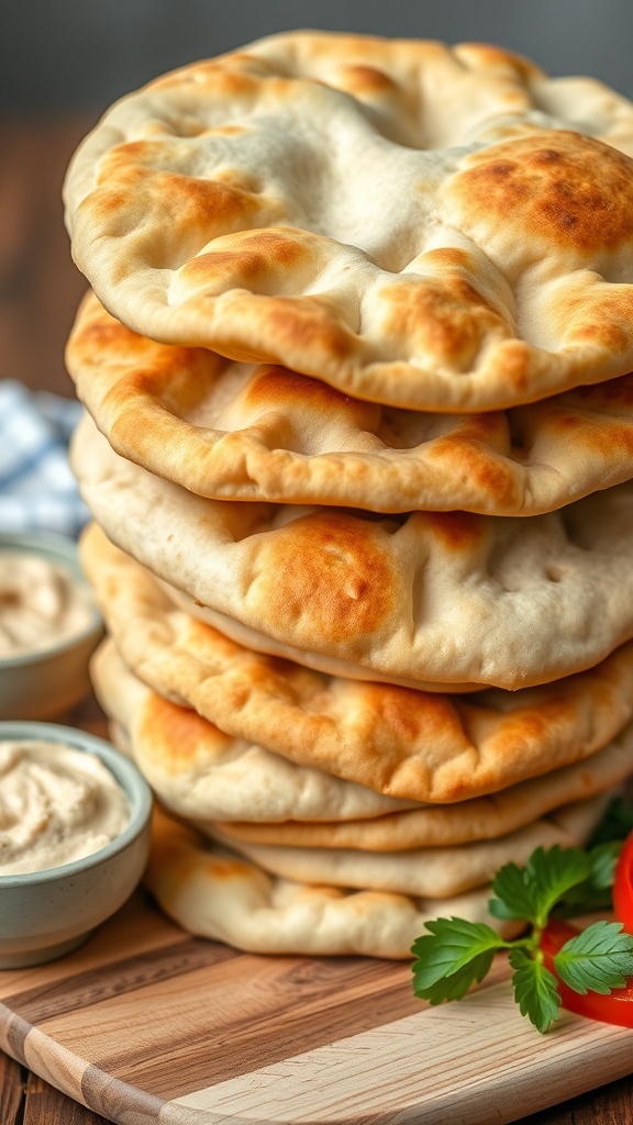 Homemade Pita Bread Recipe Freshly baked pita bread stacked on a wooden board with hummus and vegetables.